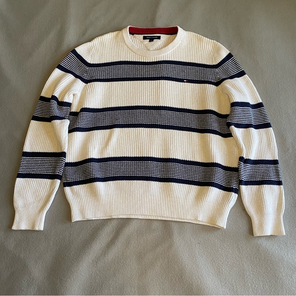 Tommy Hilfiger Sweater 100% Cotton White with Blue Stripes Men’s Size Large - Picture 1 of 12